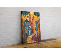 Sunset Whimsical Colourful Houses Abstract Canvas Framed Canvas Wall Art Picture Print Home Living Room Dining Room Decor Gift For Her Him Ready To Hang