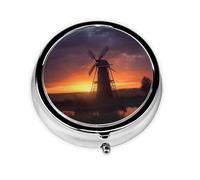 Sunset Windmill Printed Round Pill Organizer with 3 Compartments, Portable Mini Pill Box Pill Case for Medicine, Vitamin, Fish Oil, Supplements