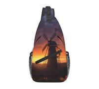 Sunset Windmill Printed Sling Bag Crossbody Backpack for Men Women, Versatile Casual Shoulder Chest Bag for Running Hiking Cycling Travel Work
