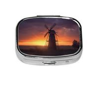 Sunset Windmill Printed Square Pill Organizer with 2 Compartments, Portable Mini Pill Box Pill Case for Medicine, Vitamin, Fish Oil, Supplements
