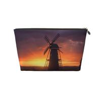 Sunset Windmill Printed Toiletry Bag for Women Girl Portable Travel Cosmetic Bag Leather Makeup Pouch Organizer with Gold Zipper