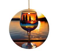 Sunset Wine Glass Print Christmas Ceramic Ornaments Elegant Round Pendants in Xmas Tree Souvenir Gifts