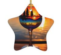 Sunset Wine Glass Print Christmas Ornaments, Ceramic Hanging Ornament, Round Shape Decorations