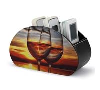 Sunset Wine Glass Remote Control Holder, TV Remote Caddy Storage Box, Leather Desktop Organizer, PU Pencil Holder, Stationary Organizer for Living Room Office (5 Compartments)