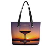 Sunset Wine Glass Tote Bag Large Soft Leather Purse with Zipper Lightweight Ladies Shoulder Handbag