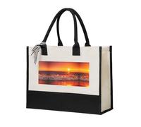 Sunset With Sea Waves Elegant Women'S Temperament, Canvas Stitching Handbag