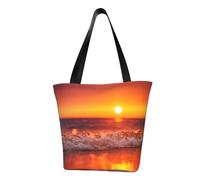 Sunset With Sea Waves Fashion Canvas Tote Bag With All Over Print Design,Large Reusable Shopper Tote With Double Handles,Beach Tote, Weekend Bag