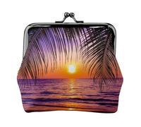 Sunset with Tropical Palm Trees Twilight Scenery Women's Leather Kiss-Lock Coin Purse,Double-Sided Full Print Pattern,Ultra-Fine Fiber Leather,Small Clutch Wallet for Cash,Cards,Coins