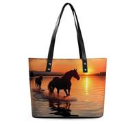 Sunsets Lake Horses Leather Tote Bag for Women Work Shoulder Purses with Zipper Waterproof Large Computer Shoulder Bag Fashion Ladies Shoulder Handbag Reusable Shopping Bags
