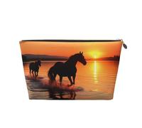 Sunsets Lake Horses Portable Leather Travel Cosmetic Bag, Toiletry Bag, Waterproof Storage Bag