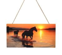Sunsets Lake Horses Rectangular MDF Wood Plaque Wall Art with Full Print and Hanging Rope for Home Wall Decor, Farmhouse Sign for Door, Window or Wall (Multiple Sizes)