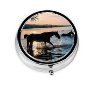 Sunsets Lake Horses This Small, Round, Three-Compartment Travel Pill Box is Perfect for Storing Daily medications, Vitamins, and on-The-go.