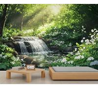 Sunshine Forest Mural 3D Forest Waterfall Wall Mural Tropical Rainforest Floral Murals Natural Scenery Murals Jungle Botanical Wallpaper for Living Room Bedroom 100 x 70 cm