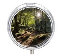Sunshine in The Woods Pill Box 3 Compartment Small Pill Case with Mirror for Purse & Pocket Travel Medicine Organizer Daily Medication Container Portable Pillbox Metal Medicine Box Round Meds Case