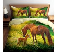 Sunshine On The Grass Brown Horse Duvet Cover Set, 3 Pcs Single Reversible Bedding for Kids & Adults, Breathable Quilt Covers Buttercream with Zipper & Ties 135 x 200 cm