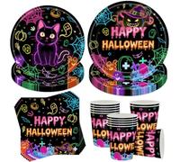 Sunshine smile Halloween Party Tableware Set, Halloween Neon Paper Party Tableware Set, Neon Coloured Party Accessories Birthdays, with Pumpkin Paper Plates, Ghost Paper Cups, Party Tableware for 10