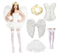 Sunshine smile White angel costume, angel and devil wings costume, angel wings costume for women with women's lace-up corset top, women's lace-up corset top, tulle skirt, and halo accessories for