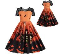 Sunshine smile Women's Halloween Costume Women, Halloween Lace Collar Midi Dress, Halloween Costume, Halloween Costume Women's Sexy Scary, Cosplay Cocktail Party Dresses, Pumpkin Bat Printed Dresses