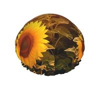 Sunshine Sunflower Field Shower Caps for Women Reusable Waterproof Shower Cap with Elastic Strap Bath Hair Hat Double Layers Thick Bath Caps for Spa Salon Travel