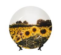 Sunshine Sunflowers Print Bone China Decorative Plate Ceramic Plates Printed Round Dinner Plates Crafts With Display Stand