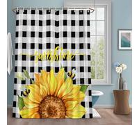 Sunshine Watercolor Shower Curtain with 12 Hooks Sunflowers Bees Black Plaid Farmhouse Waterproof Fabric Shower Curtains Sets for Bathroom Bath Decorations, Machine Washable, 60"x72"