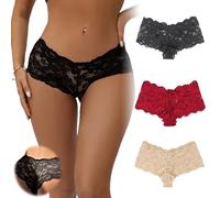 sunshinelady Brazilian Knickers for Women Multipack 3 Pack Floral Lace French Knickers Plus Size Stretchy Sexy Panties with Cotton Crotch Womens Underwear Hipster Tanga UK 18