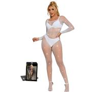 sunshinelady Fishnet Body Stocking Womens White Sparkly Tights Fishnets Glitter Tights Bodysuit Rhinestone Bodystocking Long Sleeve Sexy Outfits Plus Size Lingerie 14-18