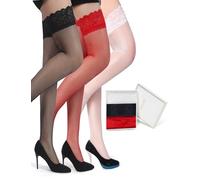 sunshinelady Fishnet Stockings 3PCS Plus Size Hold Up Stockings Multipack for Suspenders Belt Lace Top Thigh Highs for Women with Silicone Gift Box Set Black White Red L-2XL