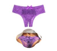 sunshinelady Lace Thongs for Women Sheer Women's Knickers Floral Thongs Hollow Out Sexy Underwear Plus Size Bikini Bowknot Ladies Briefs Hipster Purple Panties UK 12