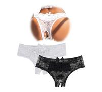 sunshinelady Lace Thongs for Women Sheer Women's Knickers Floral Thongs Hollow Out Sexy Underwear Plus Size Bikini Bowknot Ladies Briefs Hipster BlackWhite Panties 2Pack UK 16