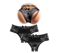 sunshinelady Lace Thongs for Women Sheer Women's Knickers Floral Thongs Hollow Out Sexy Underwear Plus Size Bikini Bowknot Ladies Briefs Hipster Black Panties 2Pack UK 18