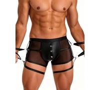 sunshinelady Mens Boxer Shorts Briefs Sexy Mesh Sexy Underwear for the Bedroom Open Fly Pouch Underpants with Garters Breathable Panties See Through Trunks Black S