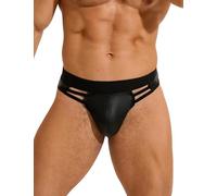 sunshinelady Mens Briefs PU Leather Thongs Sissy Lingerie Underpants Low Rise Sexy Underwear for the Bedroom Panties Hollow Out Jock Straps for Men Clubwear Black 2XL