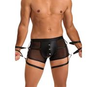 sunshinelady Mens PU Leather Boxer Shorts Briefs Sexy Mesh Sexy Underwear for the Bedroom Open Fly Pouch Underpants with Garters Breathable Panties See Through Trunks Black L