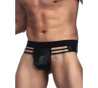 sunshinelady Mens Thong Faux Leather Hollow Out Underpants G-String Briefs Sissy Lingerie Panties T-back Sexy Underwear for the Bedroom Clubwear Low Rise Black S