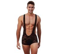 sunshinelady Plus Size Mankini for Men Lace Sheer Bodysuit Sissy Lingerie U-shaped Pouch Boxer Suspender Onesies Sexy Underwear for The Bedroom Black UK L