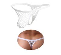 sunshinelady Thongs for Men Fishnet Sexy Underwear for The Bedroom See Through Underwear T-back Micro G-String with Pouch Lingerie Sissy Clothing Bikini Panties Low Rise White S
