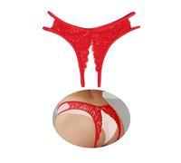 sunshinelady Women’s Sexy Lace G-Strings Plus Size Thongs Low Rise Bikini Panties Stretchy Hipster Knickers Side Hollow Out Tanga Briefs XL Red