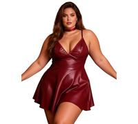 sunshinelady Women's Faux Leather Dress Plus Size V Neck Red