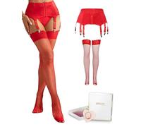 sunshinelady Women's Garter Belt Plus Size Suspenders Belt for Stockings with 6 Adjustable Straps Sexy Lingerie Set with Fishnet Stocking，Gift Box，Red UK S