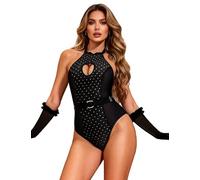 sunshinelady Women's Glitter Mesh Bodysuit Halterneck Top Sexy Lingerie Gloves String Body Transparent Lingerie Large Sizes Costume Body with Buttons Belt Domina Clothing Woman, black, M