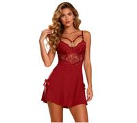 sunshinelady Women's Sexy Modal Nightdress Underwired Lace Chemise Babydoll with Rhinestone Chains Back Closure Sleepwear Mini Nightie Plus Size Lingerie with Thong Red M