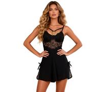sunshinelady Women's Sexy Modal Nightdress Underwired Lace Chemise Babydoll with Rhinestone Chains Back Closure Sleepwear Mini Nightie Plus Size Lingerie with Thong Black XL