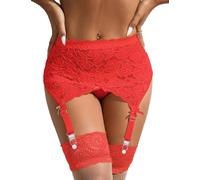 sunshinelady Women's Stretchy Lace Suspender Belt Red High Waisted Garter Belt Sexy Plus Size Lingerie Set with Thong and 4 Wide Straps Metal Clips