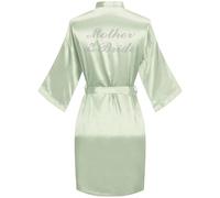 sunshinemall Women's Satin Kimono Robes with Rhinestones Bride Bridesmaid Short Getting Ready Wedding Dressing Gown, Sage Green, L/XL