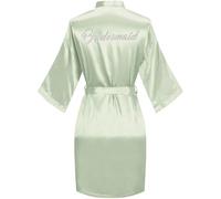 sunshinemall Women's Satin Kimono Robes with Rhinestones Bride Bridesmaid Short Getting Ready Wedding Dressing Gown, Sage Green, L/XL