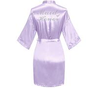sunshinemall Women's Satin Kimono Robes with Rhinestones Bride Bridesmaid Short Sleepwear Wedding Dressing Gown - purple - L-x-L
