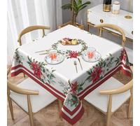Sunshineyan Poinsettia Christmas Tablecloth Square 54x54 Inch, White and Red Christmas Tablecloths Stain Resistance Polyester Winter Table Cloth for Holiday Parties Kitchen Dining Indoor Outdoor