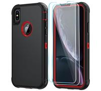 SunStory Compatible with iPhone Xs/X Case with HD Screen Protector, 3-Layer Heavy Duty Full-Body Cover,3 in 1 Hybrid Protective Case for iPhone Xs/X 5.8",BlackRed