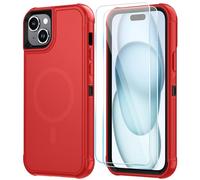 SunStory Magnetic for iPhone 15 Case with HD Screen Protector, Compatible with MagSafe, 3-Layer Heavy Duty Full-Body Cover, 3 in 1 Hybrid Protective Case for iPhone 15 6.1",Red